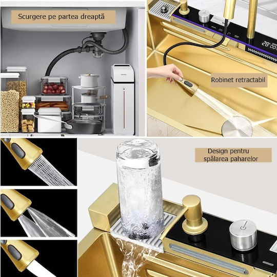 Drop-In Chiuvetă Inox cu robinet L75xW46cm Auriu