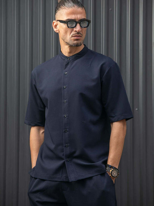 Short-sleeved Shirt in Wide Line Dark Blue