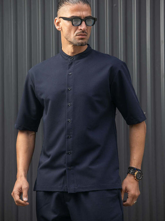 Short-sleeved Shirt in Wide Line Dark Blue