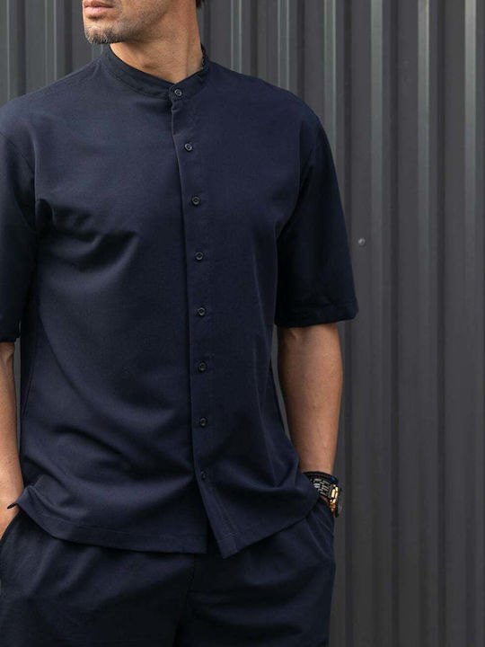 Short-sleeved Shirt in Wide Line Dark Blue