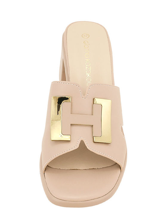 Mons Leather Mules with Heel in Beige Color