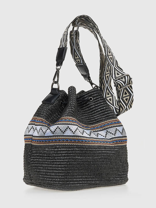 Set Straw Knitted Women's Drawstring Bag Black