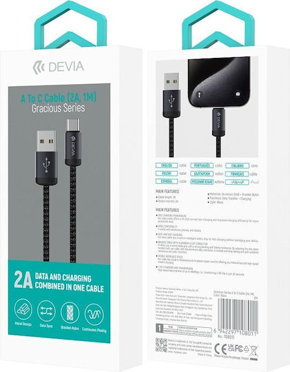 Devia Gracious USB 2.0 Cable USB-C male - USB-A Black 1m