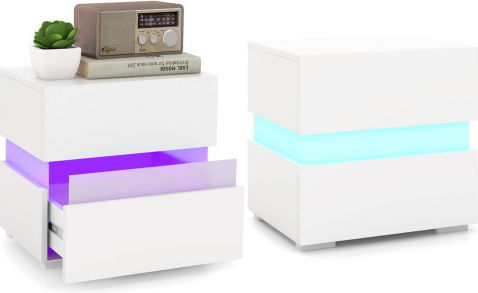 Costway Set of 2 Bedside Tables with LED, 2 Drawers, High Gloss White, 40 x 35 x 50 cm Jv10830wh-2