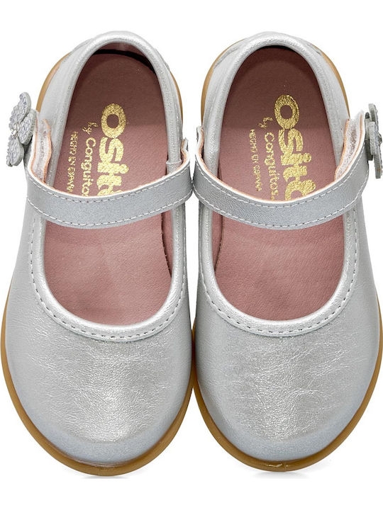 Kids Leather Ballerinas with Hoop & Loop Closure Silver
