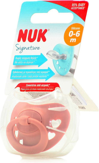 Nuk Ορθοδοντική Πιπίλα Σιλικόνης Signature για 0-6 μηνών με Θήκη Καρδίες Ροζ