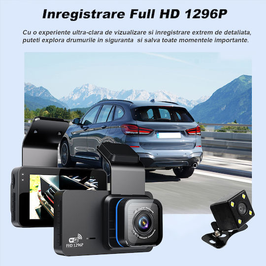 1296P Windshield Car DVR Set with Rear Camera, 3" Display