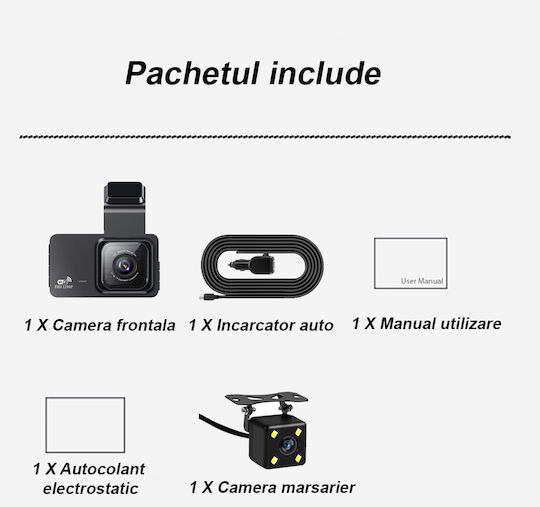 1296P Windshield Car DVR Set with Rear Camera, 3" Display