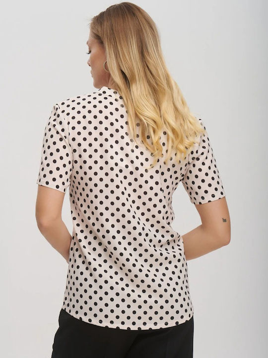 Women's Blouse Satin Short Sleeve with V Neckline Polka Dot White