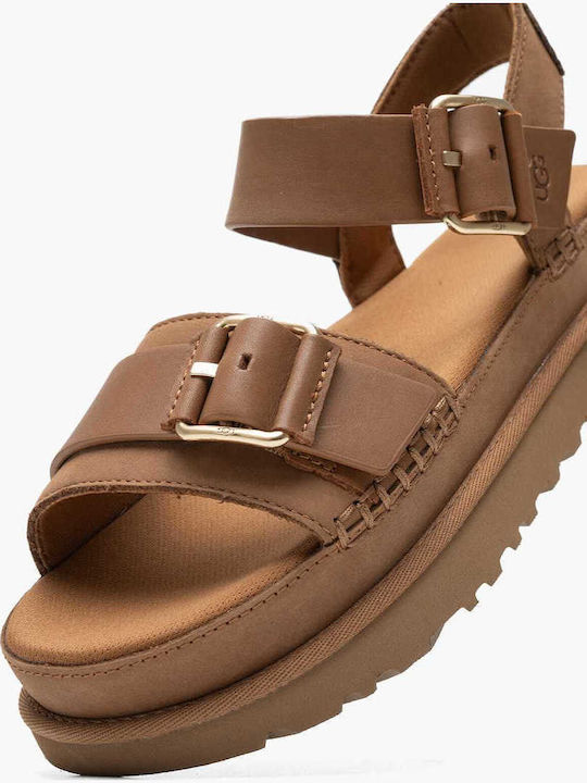 Goldenstar Leather Women's Flat Sandals with Strap Flatforms in Tabac Brown Color