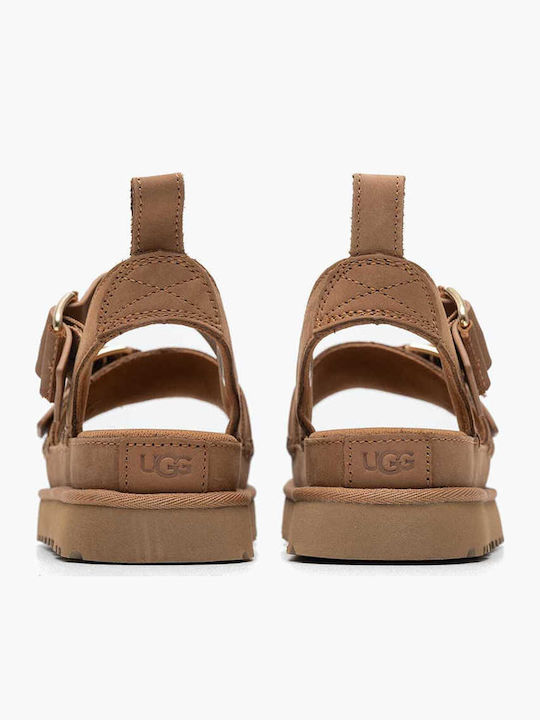 Goldenstar Leather Women's Flat Sandals with Strap Flatforms in Tabac Brown Color