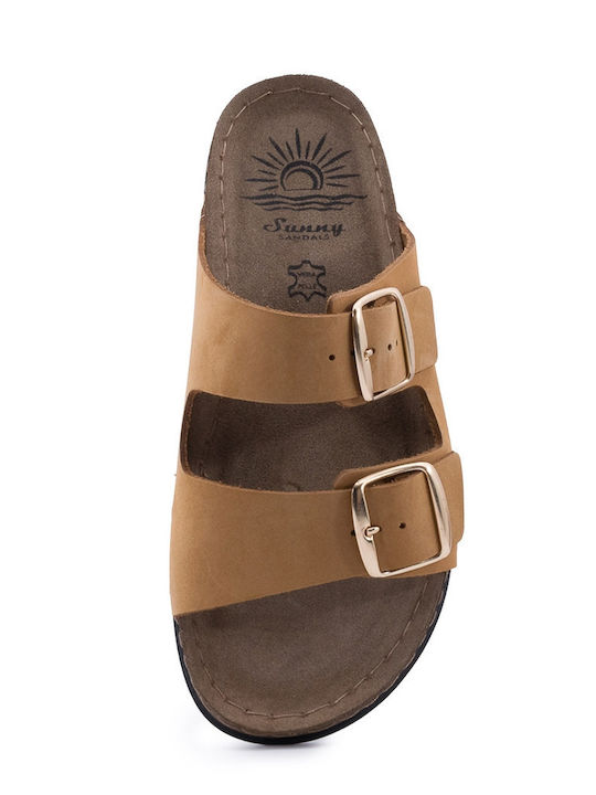 Sienna Leather Women's Flat Sandals Anatomic in Tabac Brown Color