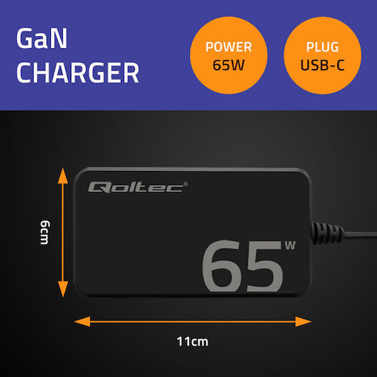 Φορτιστής 65w Gan Super Fast Slim Pd 5-20v 3.25a Usb-c 3.1 Laptop Macbook Smartphone Qoltec