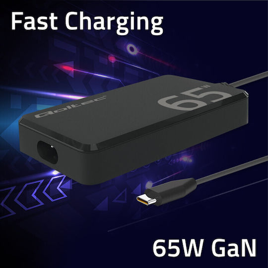 Φορτιστής 65w Gan Super Fast Slim Pd 5-20v 3.25a Usb-c 3.1 Laptop Macbook Smartphone Qoltec