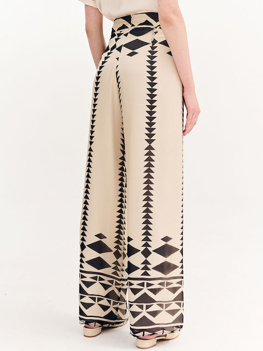 Women's Fabric Trousers with Elastic Beige-Black