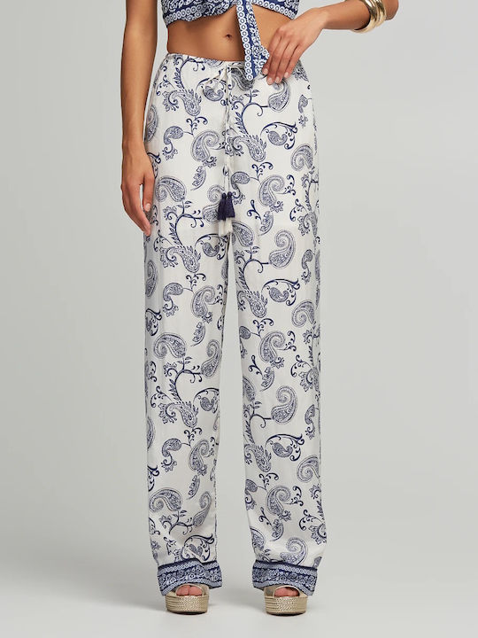 Women's Fabric Trousers with Elastic in Straight Line Blue