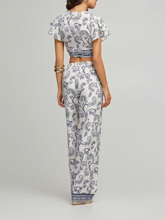 Women's Fabric Trousers with Elastic in Straight Line Blue