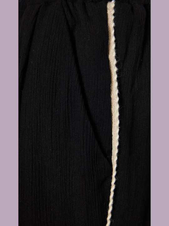 Women's High-waisted Fabric Trousers with Elastic in Loose Fit Black