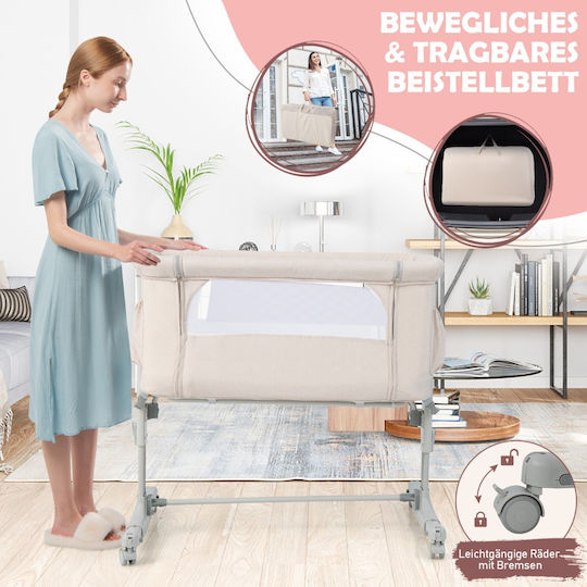 Costway Wiege mit Matratze, Seitlicher Öffnung und Rädern Beige
