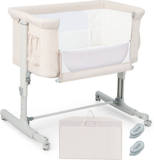 Costway Wiege mit Matratze, Seitlicher Öffnung und Rädern Beige