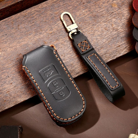 Hallmo Car Cowhide Leather Protective Key Cover Case Mazda Axela 3 Buttons Black