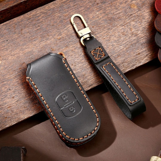 Hallmo Car Cowhide Leather Protective Key Cover Case for Mazda Axela 2 Buttons Black