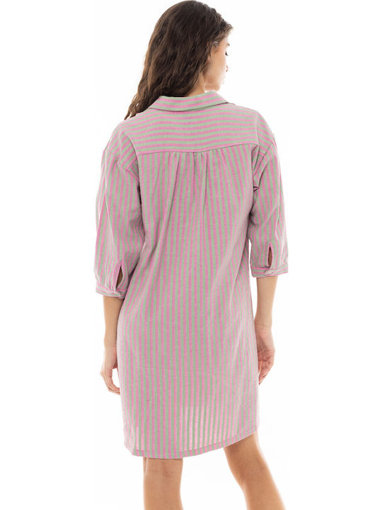 Women's Beachwear Pink Label Short Kaftan Stripe Pink Green Cotton 3/4 Sleeve
