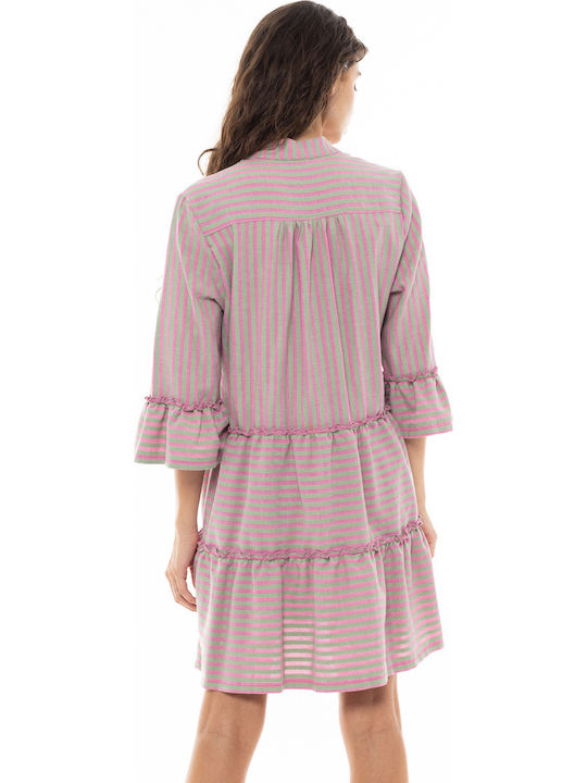 Damen Strandbekleidung Pink Label Kurzer Kaftan Streifen Pink Grün 3/4 Ärmel Baumwolle