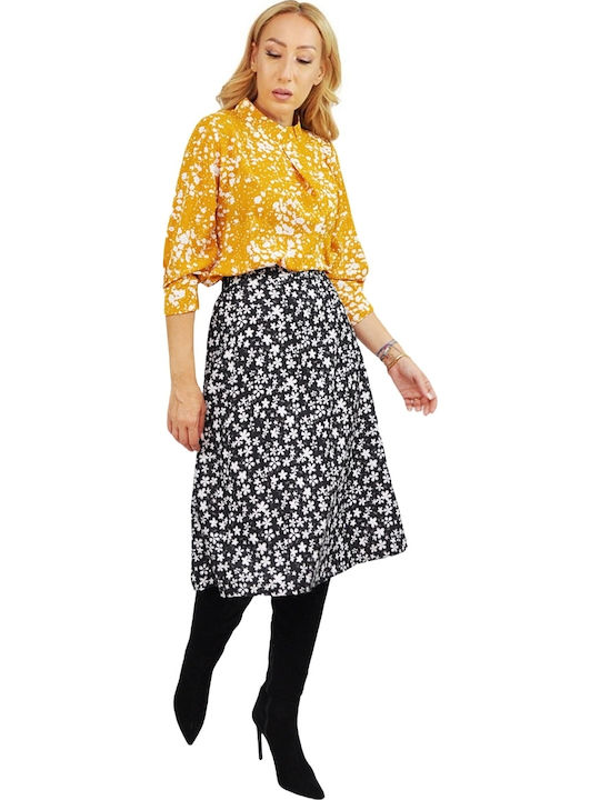 Ψηλόμεση Midi Φούστα Floral Ασπρόμαυρη