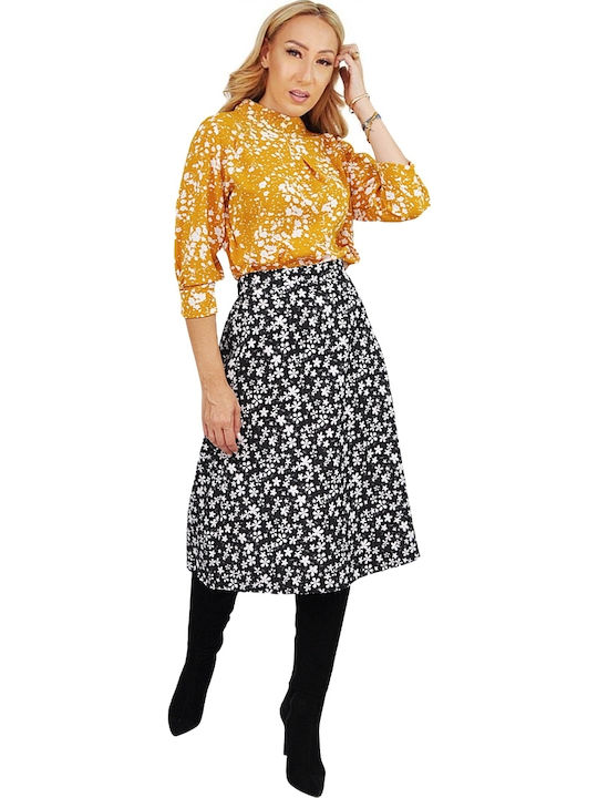 Ψηλόμεση Midi Φούστα Floral Ασπρόμαυρη