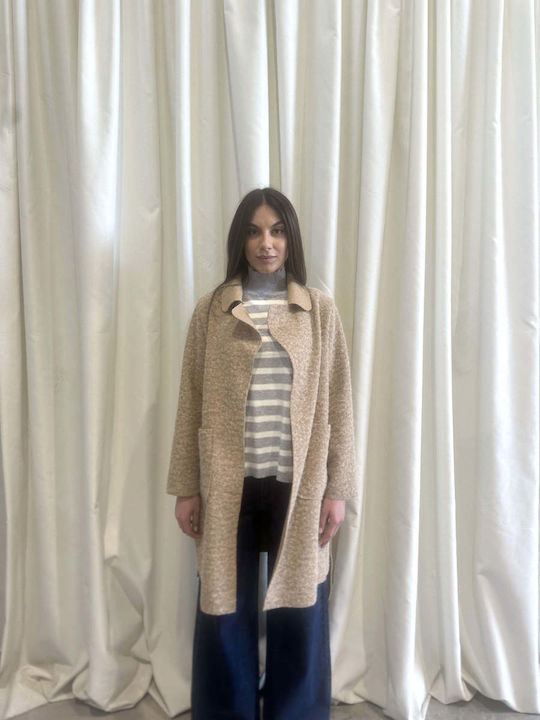 Lange Gestrickte Damen Strickjacke Beige