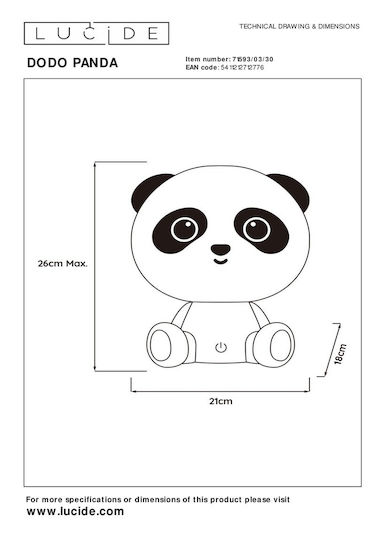 Lucide Lightning LED Kinder Dekorative Lampe Panda Schwarz 21x18x26εκ.