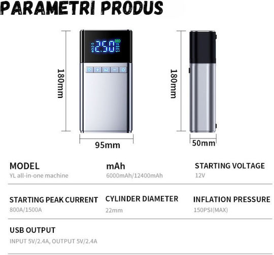 Starter Portabil Pentru Baterii Auto Și Motocicletă 12000mAh Cu Bancă De Alimentare USB Și Obiectiv 12V