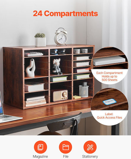 Vevor Wooden Literature Organizer 24 Compartments Removable Shelves Dark Brown