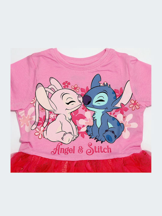 Lilo & Stitch Παιδικό Φόρεμα Κοντομάνικο Τούλινο Ροζ