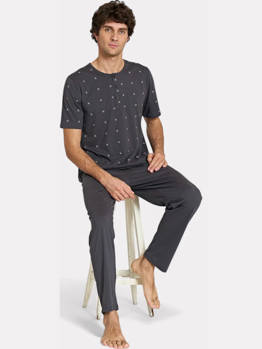 Pijamale pentru bărbați cu mânecă scurtă, design antracit & nasturi Pijadore Pjdr1823-1-antracit