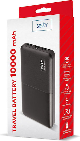 Setty R Power Bank 10000mAh με 2 Θύρες USB-A και Θύρα USB-C Μαύρο