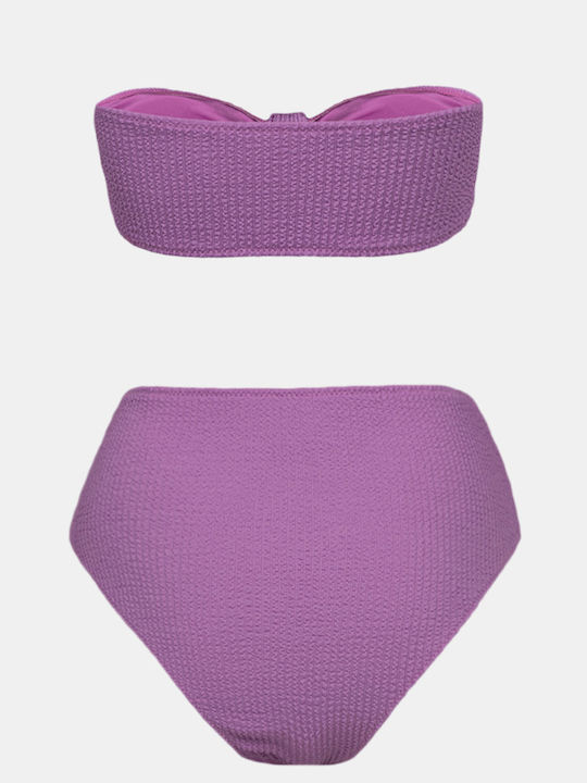 Schulterfreies Bikini-Set mit hoch taillierten gerafften Unterteilen in Lila