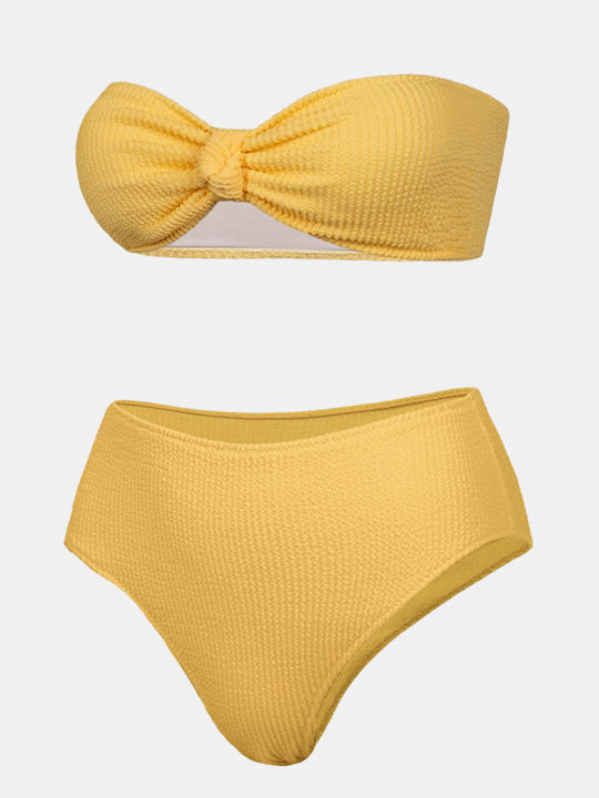 Strapless Bikini Set with High-Waisted Pastel Textured Yellow Bottoms