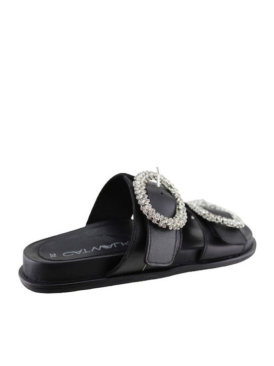 Leather Women's Flat Sandals in Black Color