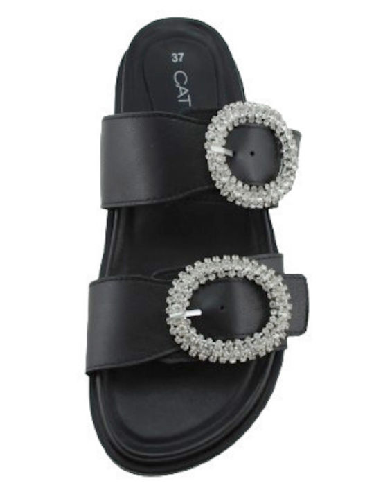 Leather Women's Flat Sandals in Black Color
