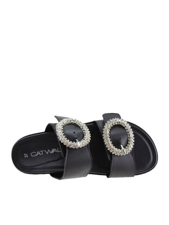 Leather Women's Flat Sandals in Black Color