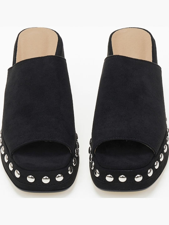 Damen Clogs Mules Wildlederoptik Nieten Schwarz