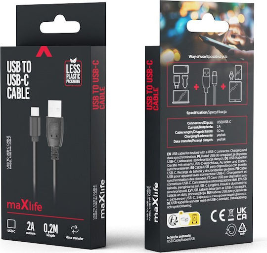 Maxlife USB 2.0 Kabel USB-C männlich - USB-A Schwarz 0.2m