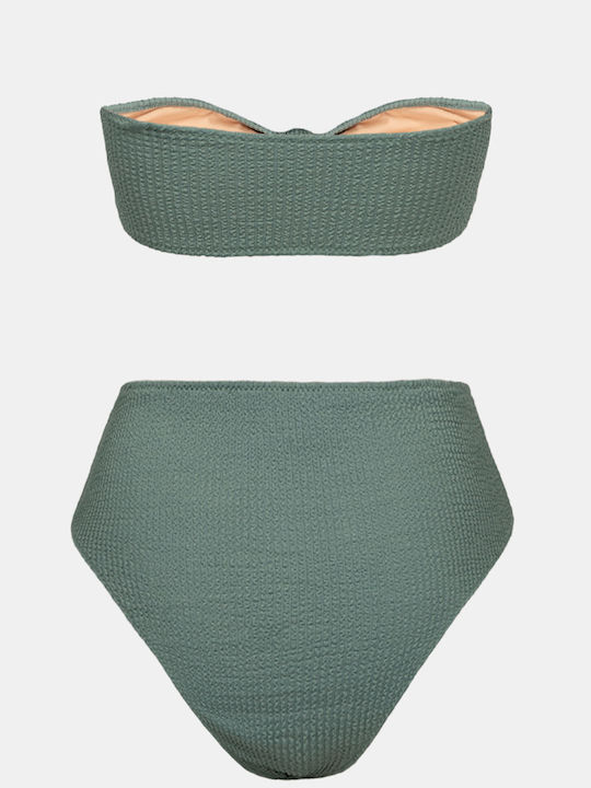 Strapless Bikini Set with High-Waisted Crinkle Teal Bottoms