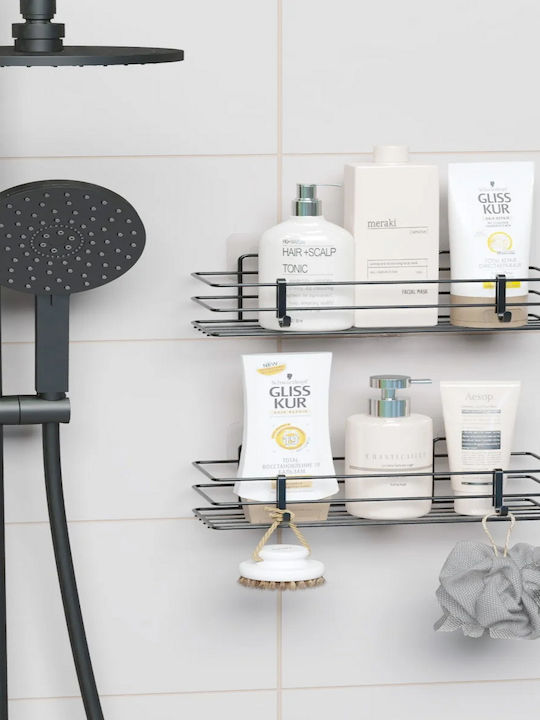 Femmit Wall Mounted Metallic Self-Adhesive Bathroom Shelf Set 2 Shelves 4 Hooks 30x10.5x12.5 Cm Black