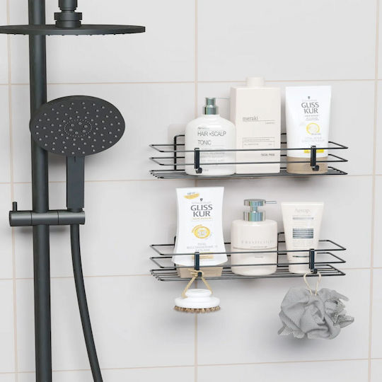 Femmit Wall Mounted Metallic Self-Adhesive Bathroom Shelf Set 2 Shelves 4 Hooks 30x10.5x12.5 Cm Black