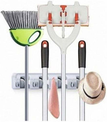 Suport de perete Siks pentru mături, mopuri, lopată, cârpe, bâtă de baseball, greblă, accesorii de grădinărit, 4 compartimente, gri