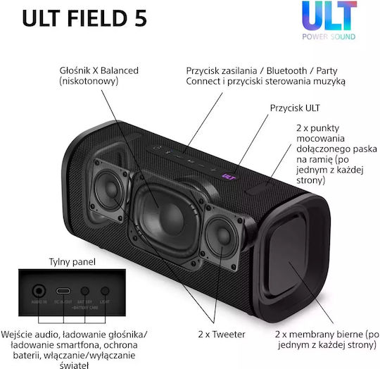 Sony ULT Field 5 Αδιάβροχο Ηχείο Bluetooth 27W με Διάρκεια Μπαταρίας έως 25 ώρες Μαύρο
