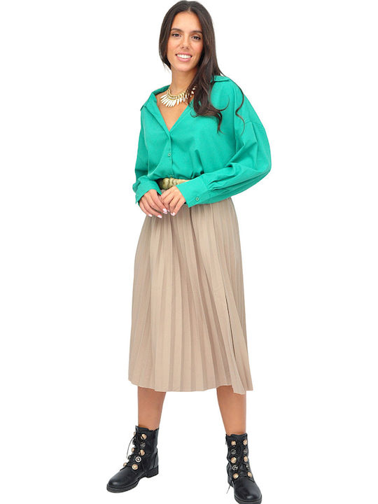Pleated High-waisted Midi Skirt Ecru